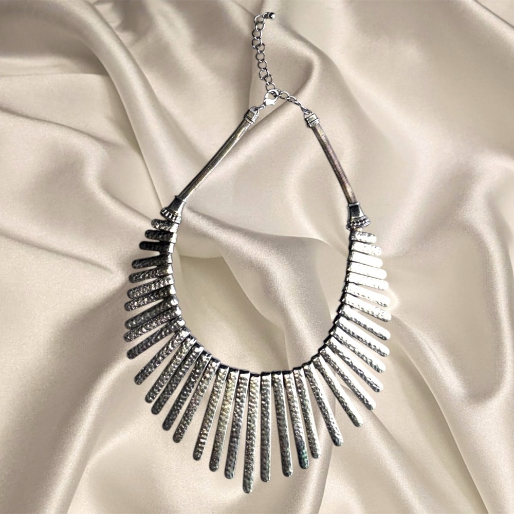 Silver Tone Fringe Chunky Statement Necklace - Picture 2 of 5